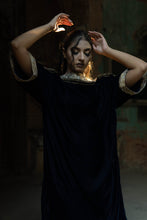 Load image into Gallery viewer, Velvet Blue  Shirt With Golden Hand Embroidery.
