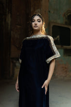 Load image into Gallery viewer, Velvet Blue  Shirt With Golden Hand Embroidery.
