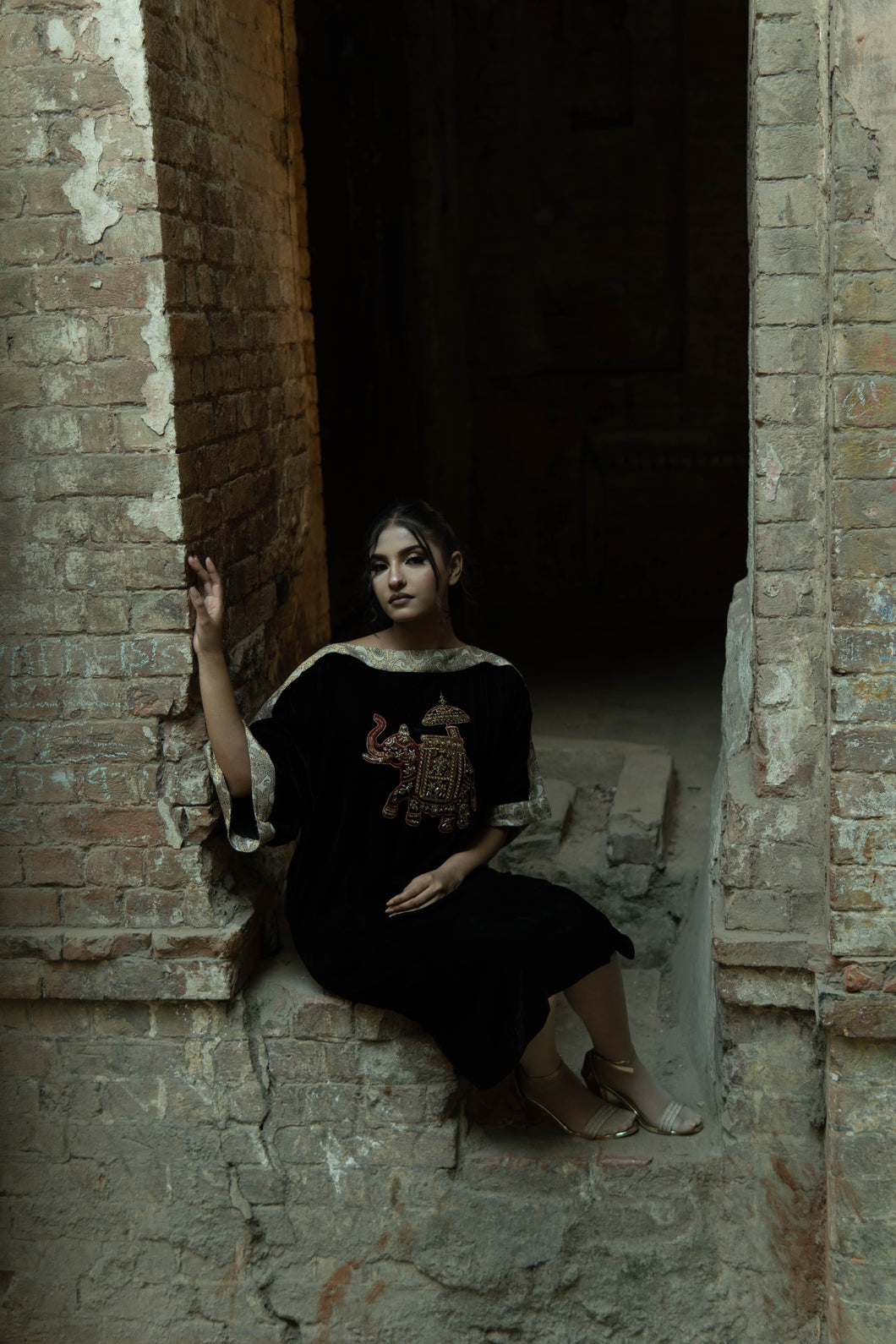 Velvet Black Shirt With Golden Hand Embroidery .