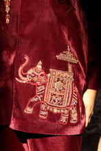 Load image into Gallery viewer, Dark Maroon velvet jacket suite Hand Embroidery Pre-Order
