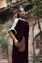 Load image into Gallery viewer, Maroon &amp; Gold  Velvet shirt with Hand  made embroidery
