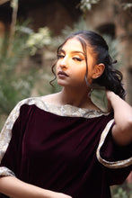 Load image into Gallery viewer, Maroon &amp; Gold  Velvet shirt with Hand  made embroidery
