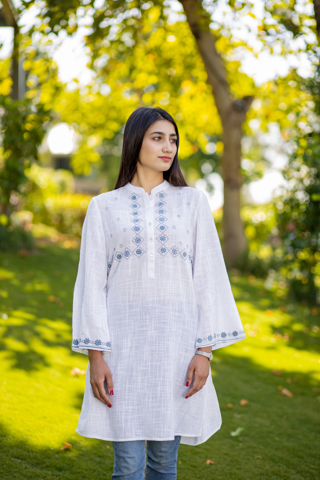 White Afghan Kurta with Turquoise Embroidery