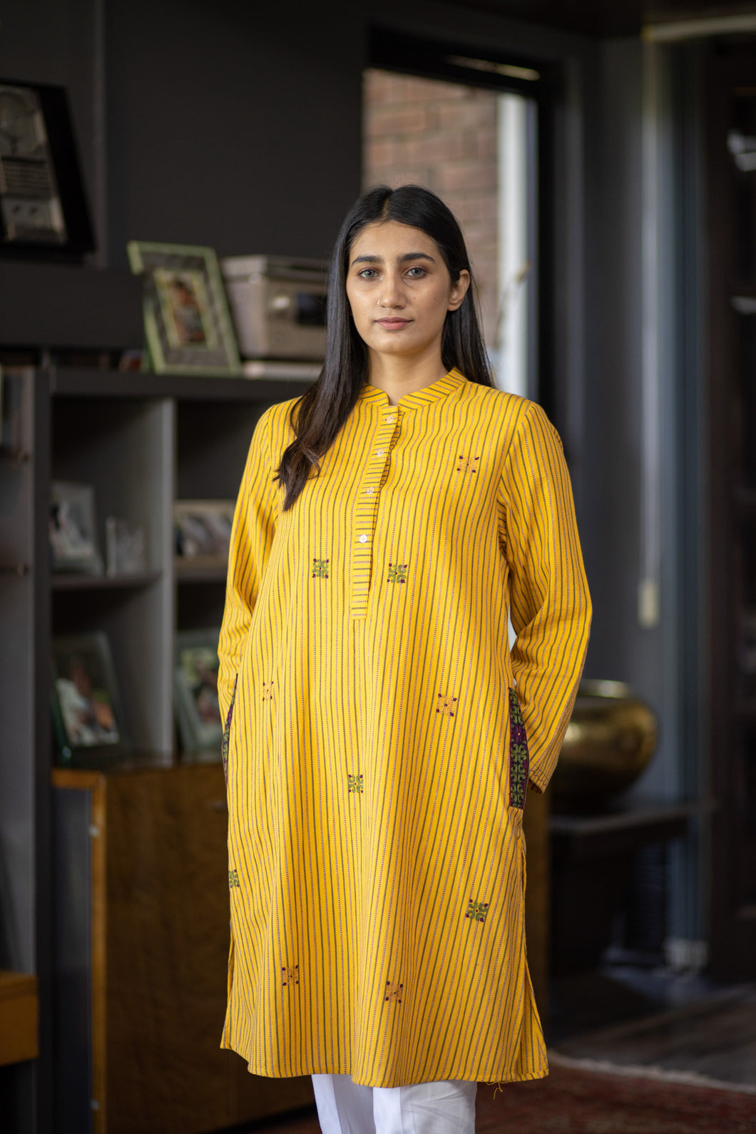 Yellow Handwoven Susi Shirt With Embroidery
