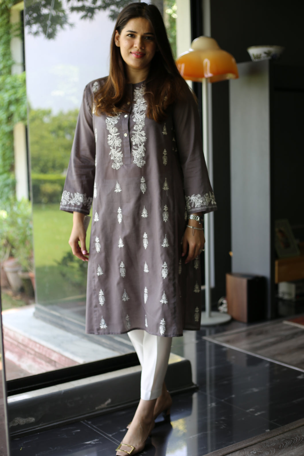 Grey Lawn Shirt with White Booti Embroidery