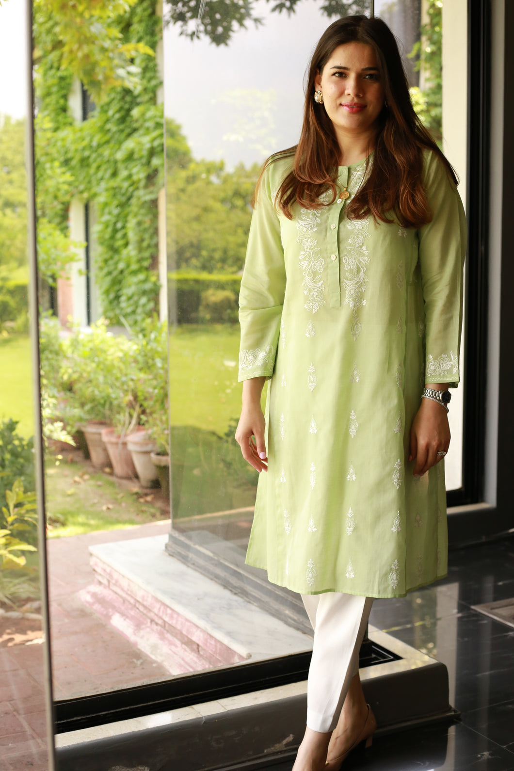 Green Lawn Shirt with White Booti Embroidery