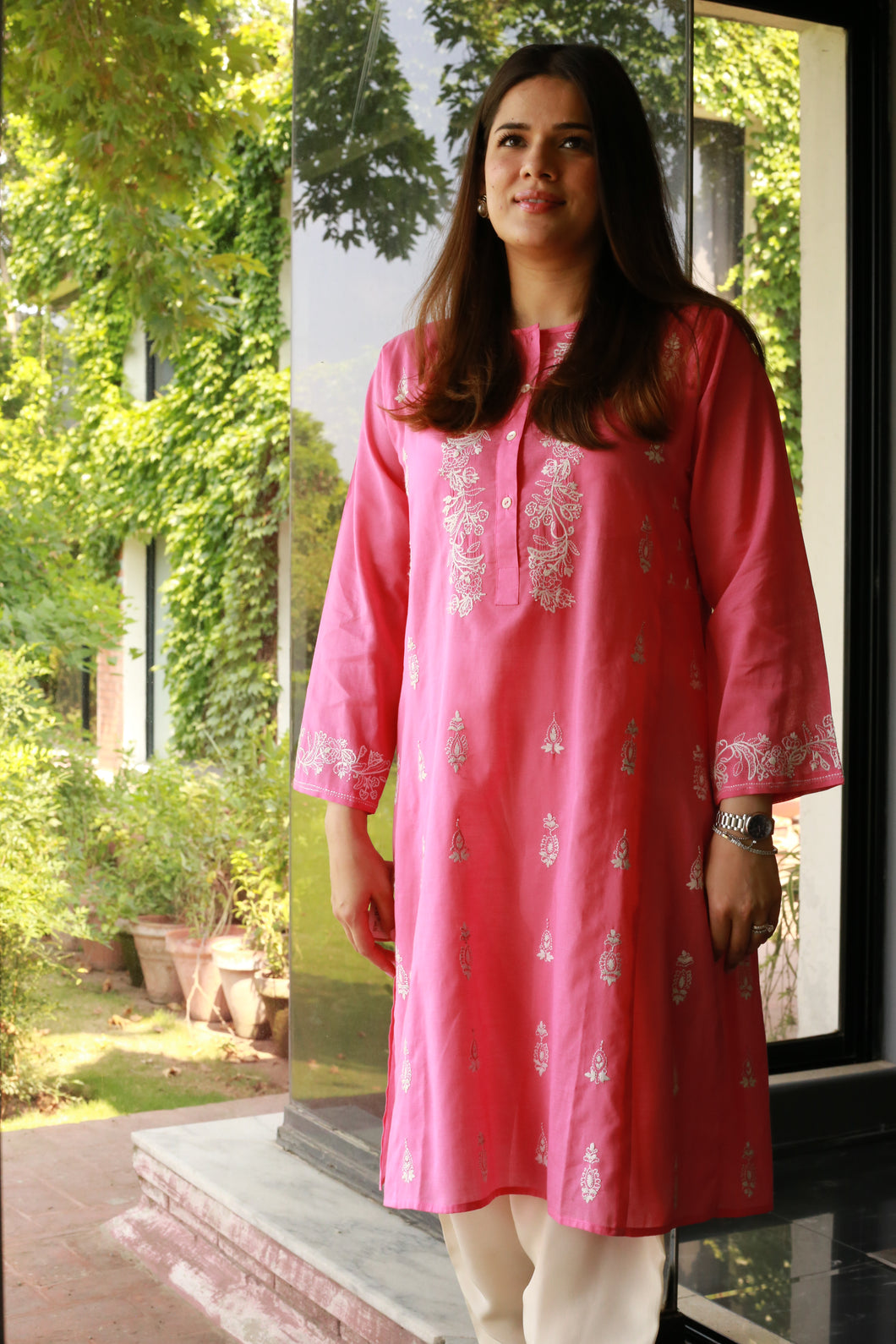 Pink Lawn Shirt with White Booti Embroidery