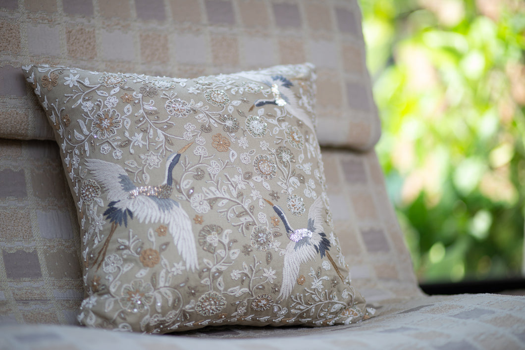 Square Bird Design with Beads Embellishment Cushion Cover