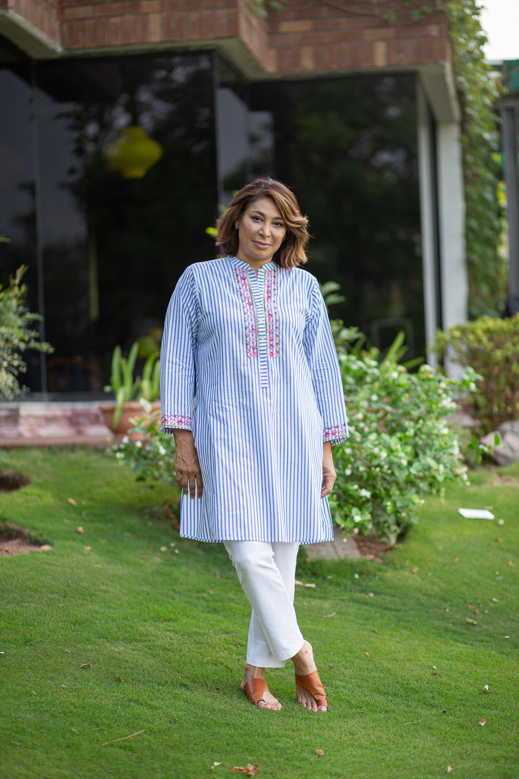Blue Stripes Shirt with Pink Embroidery