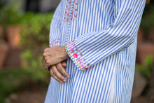 Load image into Gallery viewer, Blue Stripes Shirt with Pink Embroidery
