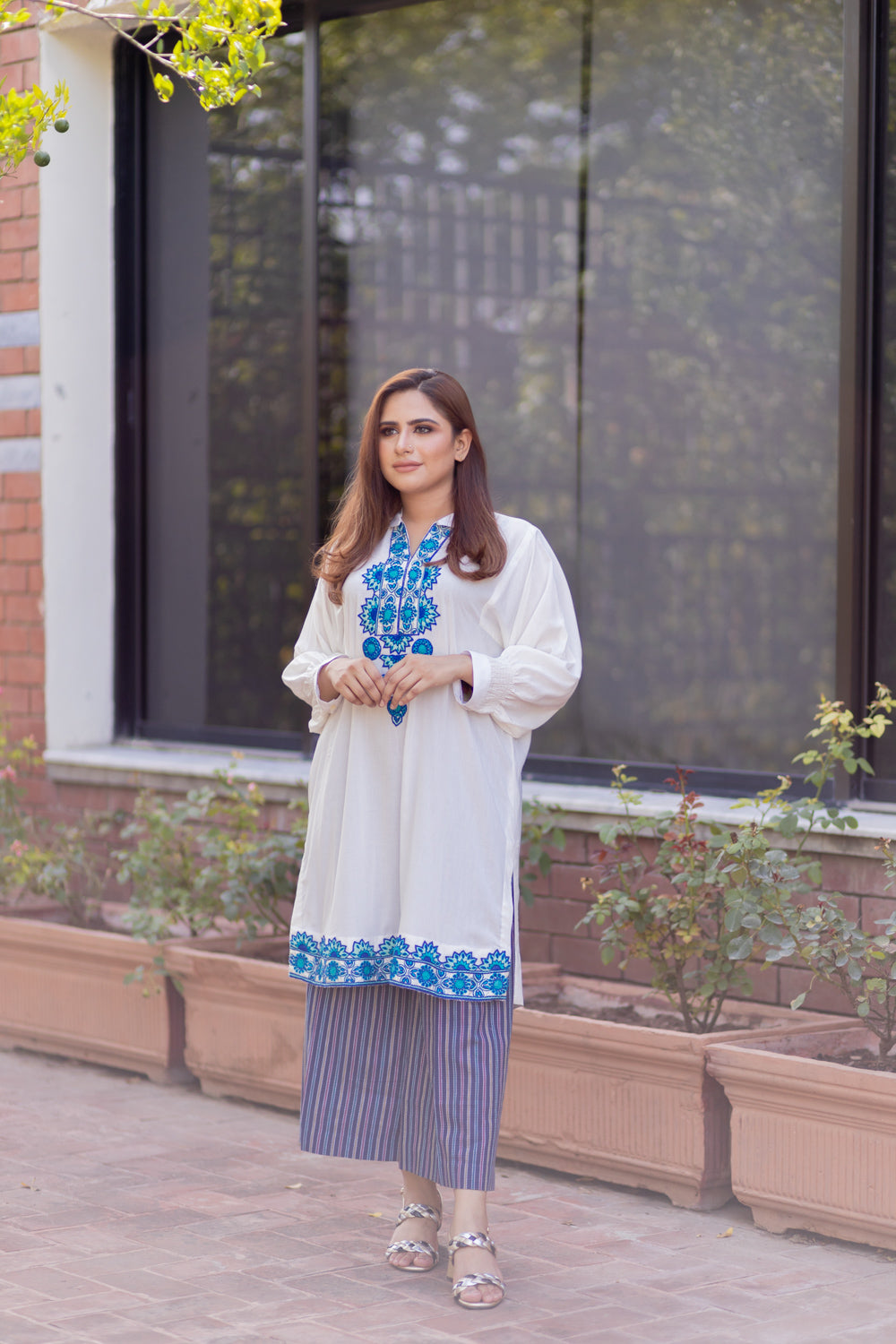 White Kurta With Blue Embroidery-Pre Order